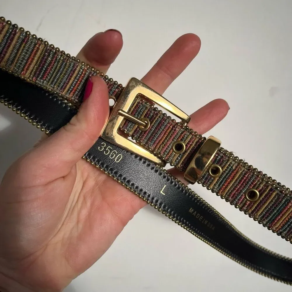 Vintage Woven Stripe Belt Gold Buckle Deadstock 30–34” Size L USA